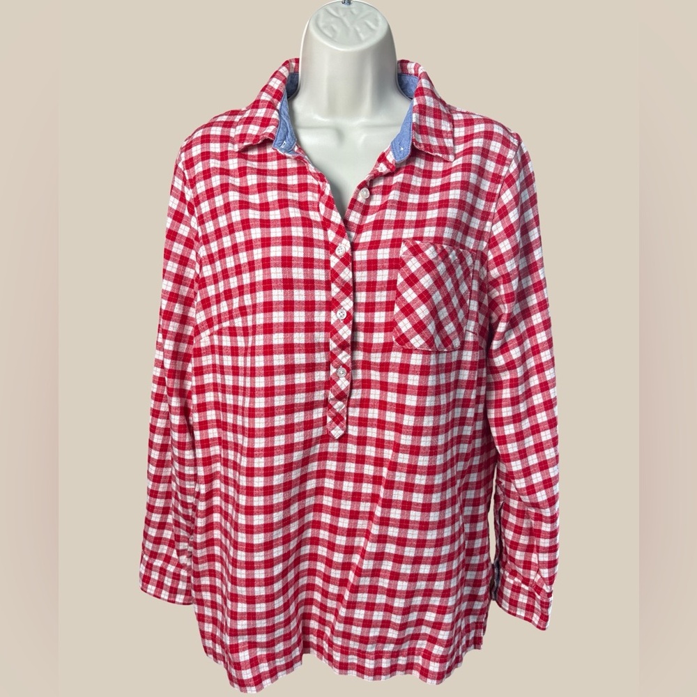 Lands End Women’s Red White Plaid Flannel Popover Tunic 100% Cotton SZ 10